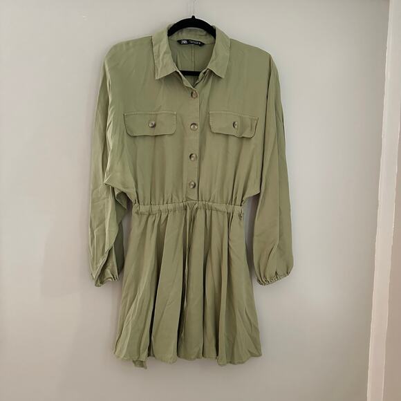 Zara Women's Light Green Long Sleeve Button Front‎ Tie Waist Shirt Dress Size S - Picture 2 of 10